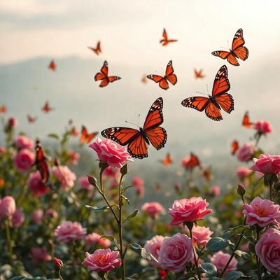 The primary subject of the image is a field of pink flowers, with a variety of butterflies flying around them. The setting is a beautiful, natural environment with the flowers and butterflies as the main focus. The visual style is a combination of photo and digital art, creating a vibrant and lively atmosphere. The colors and mood are predominantly pink, which adds a sense of warmth and tranquility to the scene.